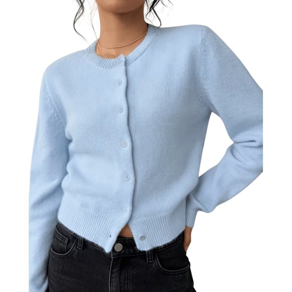 FME | Sky Blue Button Front Crew Neck Cardigan Sweater | Size L
